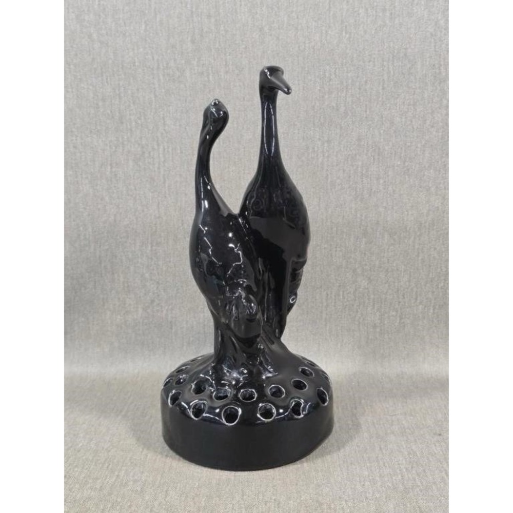 Vintage Camark Cranes Herons Glossy Black Flower Frog Figurine 10" Art Deco